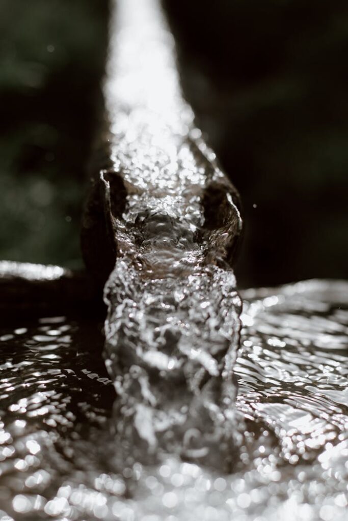 Water flowing through rusted metal drain gutter into large barrel in blurred garden